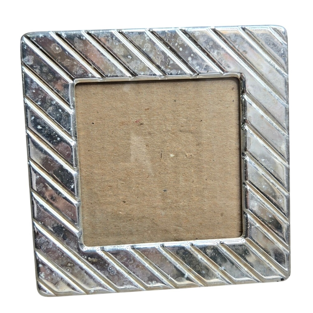Vintage Silver Tone Metal Square Picture Frame 3x3 Tabletop Stand Art Deco Korea